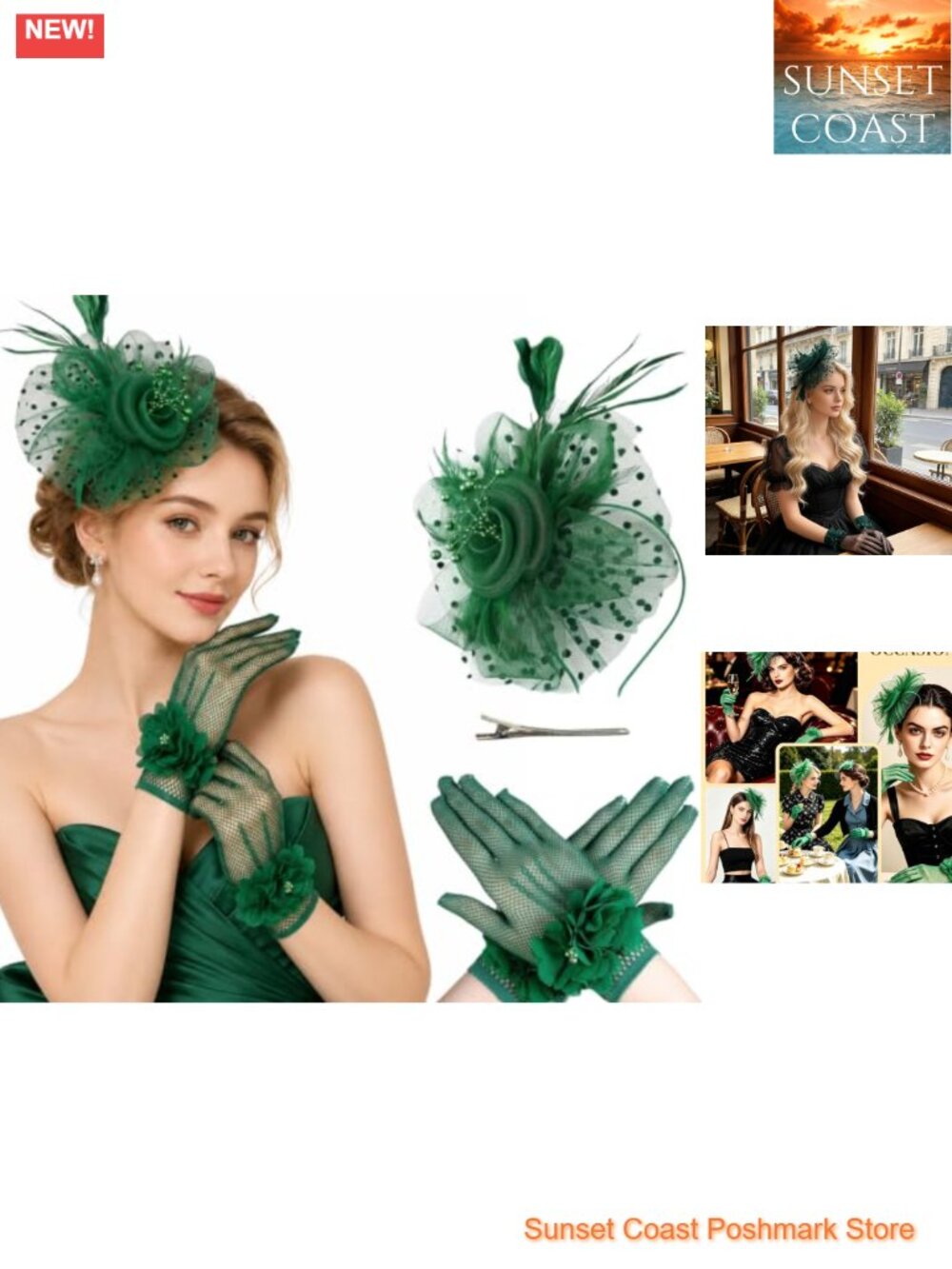 Fascinator Hat & Tea Party Gloves Set, Mesh Gloves Wedding